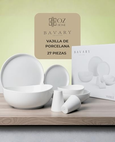 BAVARY Set Piatti Porcellana Smile 27 Pezzi – Set Piatti 6 Persone Pensato Come Servizio Piatti Completo – Stile Da Piatti Moderni – Dettagli Da Servizio Piatti 6 Persone In Autentico – Set Cucina