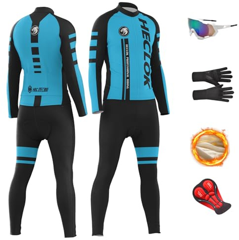HECLOK Winter Radkleidung Herren: mit Thermo-Fleece Winddichtem Langarmtrikot & Bibshorts mit Gel-Polster | Für Rennrad & MTB+ Glasses + Gloves