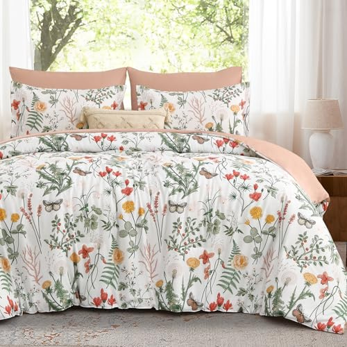 WONGS BEDDING White Pink Double Size Duvet Cover Set 3 Piece, Floral Bedding Set, Quilt Cover with Botanical Flowers Patterns, Soft Brushed Microfiber Bedding Cover with 2 Pillowcases, 200x200 cm
