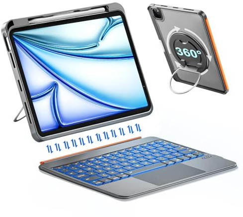 Funda de teclado para iPad Air de 11 pulgadas (M3 M2 2025 2024), Air 5/4ª generación de 11.9 pulgadas y Pro 11, teclado inalámbrico desmontable flexible, retroiluminado, soporte redondo de metal de