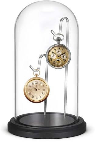JUXYES Cloche dôme en verre transparent avec 2 crochets, crochet avec base en bois, cloche dôme transparente pour terrarium, bocal en verre pour 2 montres, noir
