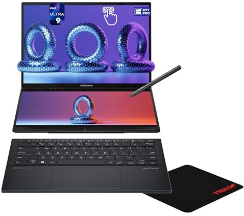 ASUS Zenbook Duo Dual Laptop, Intel Ultra 9-185H, 16 GB LPDDR5X RAM, 4 TB PCIe SSD, 14'' WUXGA (1980x1200) OLED Touchscreen, Intel Arc Graphics, Soft Keyboard, W11 Pro, Inkwell Gray + Traix Mousepad