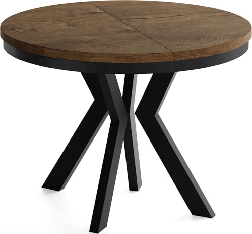 Runder Esstisch Ausziehbar 100-300 cm XXL Groß – Verlängerbar, für 5-14 Personen mit Schwarzen Holzbeinen & Metallring – Tisch für Wohnzimmer & Esszimmer in Eiche Braun Rustikal
