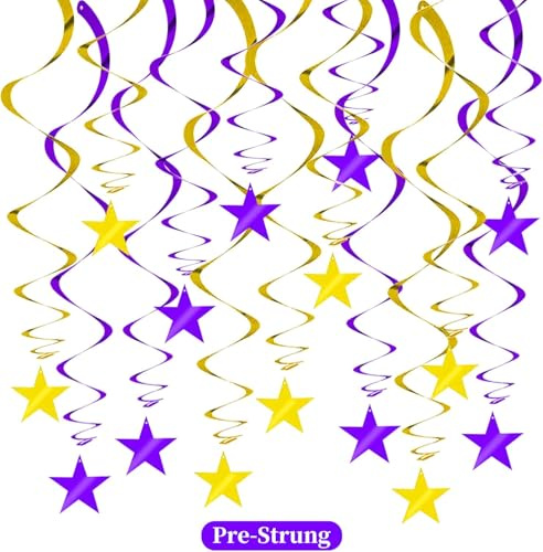 RIBBOOO 15 PCS Purple Gold Star Hanging Swirl Reflective Paper Garland Glitter Garland Streamer for Graduation Wedding Baby Shower Birthday party Anniversary Christmas Helloween Decorations