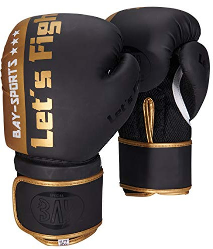 BAY Fresh mesh Boxhandschuhe schwarz Gold 10 Unzen, Box-Handschuhe, Carbon Look, UZ OZ, PU-Leder, Profi Delux, Kickboxen, Boxen, Thaiboxen, Muay Thai, Herren Damen Kinder Jugendliche Junioren Mädchen