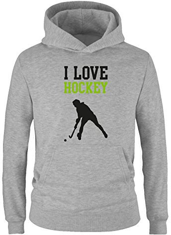 Comedy Shirts I Love Hockey - Kinder Hoodie - Grau/Schwarz-Grün Gr. 140