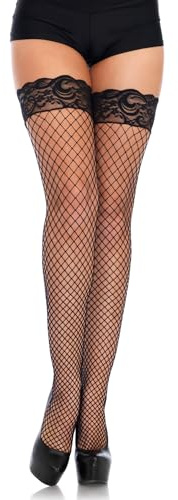 Leg Avenue womens Industrial Fishnet Thigh Highs With Stay Up Silicone Lace Top Black One Size