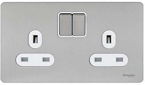 Schneider Electric Ultimate Screwless Flat Plate - Double Switched Power Socket, 13A, GU3420WSS, Stainless Steel with White Insert