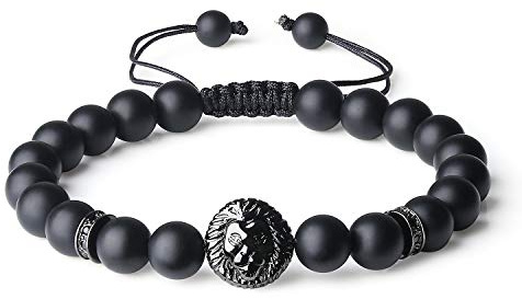 COAI Bracelet Pierre Naturelle Homme, Bracelet Onyx Mat Lion, Bracelet Ajustable en Nylon