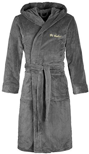 Di Vadini Unisex Herren Damen Bademantel Florenz mit Kapuze I Morgenmantel flauschig I Nachtwäsche aus edler Mikrofaser Farbe: Grey-Gold Gr. XL