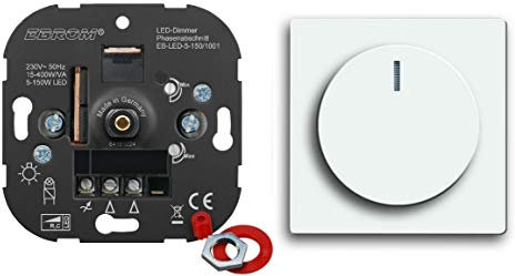 5 Jahre Garantie! EBROM® Unterputz LED Dimmer Drehdimmer + Busch Jäger Dimmerabdeckung 6540-84-102 Studioweiß glänzend Future Linear, Phasenabschnitt für LED 5-150 Watt + dimmbare Halogen 15-400 W/VA