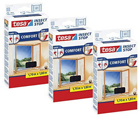 tesa Insect Stop COMFORT Fliegengitter Fenster - Insektenschutz mit Klettband selbstklebend - Fliegen Netz ohne Bohren (170 cm x 180 cm, 3er Pack/Anthrazit (Durchsichtig))