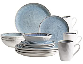 MÄSER Serie Frozen Vajilla de cerámica para 4 Personas, 16 Piezas con Formas orgánicas, Servicio de Colores moteados, Gres, Azul