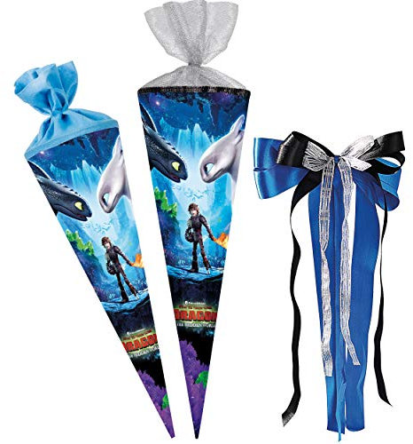 alles-meine.de GmbH Schultüte Größenwahl Dragons - Drachenzähmen leicht gemacht - 100 cm - 12 eckig - incl. große Schleife - Tüllabschluß - Zuckertüte - mit/ohne Kunststoff..