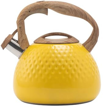 Stainless Steel Teapot with Wood Grain Handle, 2.8L Whistling Kettle Suitable for Gas Stove Induction Cooker Durable (Yellow)