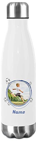 Trinkflasche für Kinder selbst gestalten mit Foto & Name, Fußball-Motiv - Thermosflasche, Wasserflasche BPA-frei, Schule, Sport, Kita I Personalisiertes Geschenk für Mädchen und Jungen, Weiß 500 ml