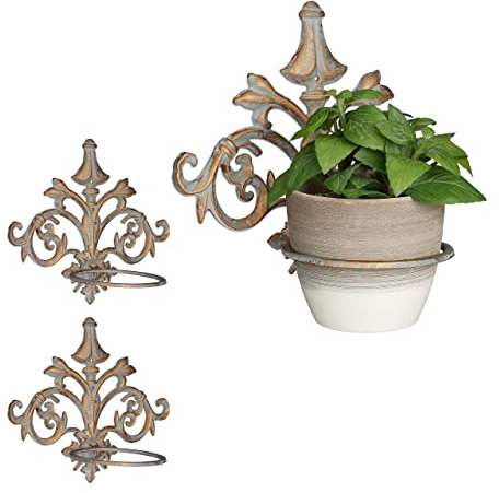 Relaxdays 3 Soportes Macetas Pared de Estilo Barroco, Hierro Fundido, Dorado-Gris, Ø 13,5 cm
