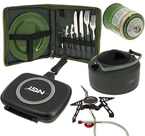 Cooking Double Side Grill Pan Setup with Gas Stove Kettle & Cutlery Set | Camping | Carp Fishing |
