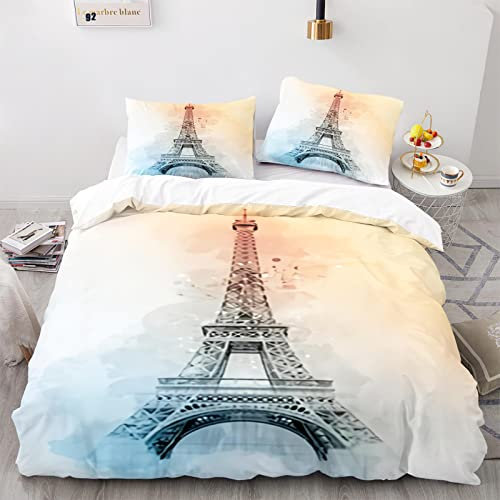 RFFLUX 3D Eiffelturm Bettwäsche Set 135x200 cm 2teilig mit Reißverschluss Weiche und Angenehme Schlafkomfort Microfaser Bettbezug Frankreich Paris Kinderbettwäsche mit Kissenbezug 80x80 cm