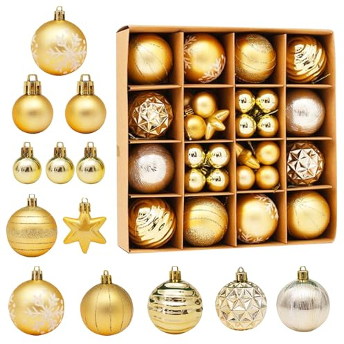 TSLBW 42 Pcs Christmas Ball Ornaments, Hanging Christmas Baubles Balls Ornaments Set, Christmas Tree Decoration Set, Delicate Xmas Theme Painting & Glittering Christmas Tree Pendants Decorative Gold