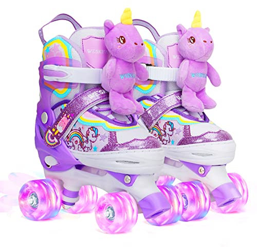 Kinder Einhorn-Puppe Rollschuhe für Mädchen 4 Größen Verstellbar Mit Leuchtenden Rädern Quad Roller Skates für Anfänger Weihnachts und Geburtstags Geschenke S(30~33)