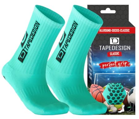 Tapedesign Klassische rutschfeste Fußballsocken (Größe 38-42) für Herren, Damen und Kinder, 1 Paar, Türkis/Ausflug, einfarbig (Getaway Solids), 5-14