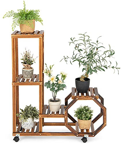 COSTWAY Porta Piante da Interno ed Esterno, Scaffale per Piante e Fiori in Legno Multistrato con Ruote Girevoli a 360°, Porta Vasi da Balcone, Giardino e Salotto (87,5 x 29 x 102,5 cm)