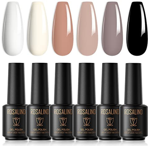 ROSALIND UV Nagellack Set 6 Farben 7ml Weiß Nackt Grau Schwarz Gel Nagellack Set Für UV LED Lampe Gellack Nail Polish Nail Art Kit