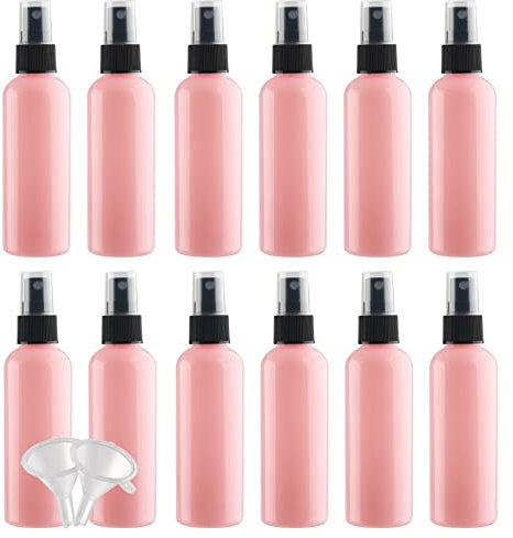 YANCAER 24 Pieces Pink 100ml Empty Plastic Perfume Spray Bottles with Black Sprayer Refillable Atomiser Bottles with 4 Pieces Funnels for Cleaning Travel