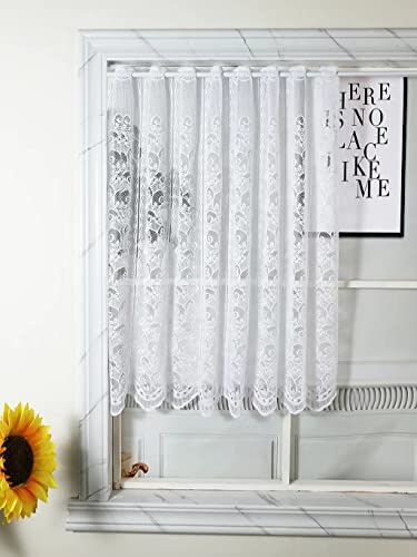 Yaland Jacquard Scheibengardine mit Ranken Muster Weiß BxH 300x60cm | Küchegardine mit Lochleiste Landhausstil Kurzstore mit Blumen Stickerei für Küche & Wohnzimmer Badezimmer 1 Stück