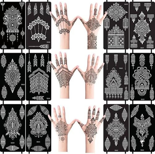 XMASIR 12 Blatt Henna Tattoo Schablonen Kit für Hände, Indische Arabische Selbstklebende Temporäre Tattoo Aufkleber Airbrush Tattoo Vorlagen für Frauen Mädchen