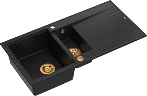 QUADRON Evier en granit | Taille 50 x 100 x 21/16 cm, Couleur: Carbone Pur + Cuivre Pvd | EVAN 156 Evier de cuisine double Evier | avec égouttoir | avec trou pour robinet | Evier en granit 2 bacs