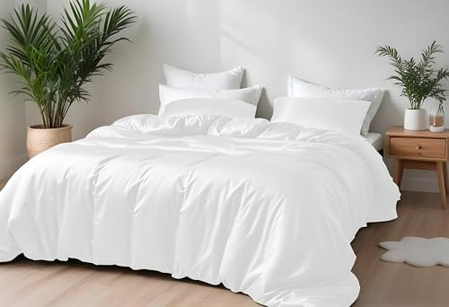 LINENWALAS Bamboo Bed Linen Set, Premium Bamboo Silk Duvet Cover Set with 2 Pillowcase Set, 200x200 cm Luxury, Soft, Cooling Quilt Cover (White)