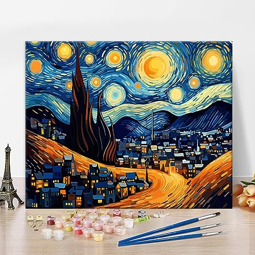 Peinture par numéro de nuit étoilée, ciel et pleine lune au-dessus de la ville, peinture par numéros pour adultes, style abstrait - Kit de peinture par numéros sur toile - Peinture par numéros pour