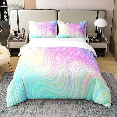 100% Baumwolle Pastell Regenbogen Bettwäsche Set 220x240 Abstrakte Wellen Streifen Bettbezug Helle Türkis Blau Rosa Lila Marmor Trendy Tröster Abdeckung Psychedelic Frauen Quilt Cover Zimmer Dekor