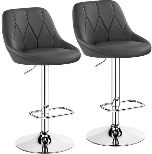 Yaheetech Modern Bar Stools Set of 2, Height Adjustable Swivel Chair with Backrest, Chrome Footrest for Breakfast Counter Home Kitchen, Dark Grey