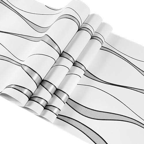 Trafagala 0,53m x 9.5m Weiß Tapete Vliestapete 3D Modern Minimalistisch Wallpaper mit 3D-Wellen Leicht Glänzend - Streifentapete Wanddekoration in Wohnzimmer, Schlafzimmer und Büro
