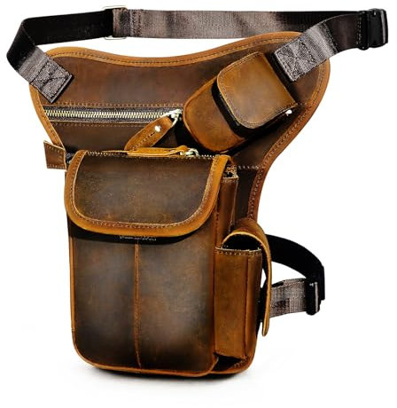 Herren Canvas + Leder Motorrad Reiten Tasche Beinbeutel Beintasche Außenbeintasche Hüfttasche Drop Leg Tasche FB913-5 (100% Echtleder-X3106 Braun)