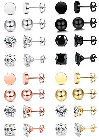 Dochais 16 Paar Ohrringe Set für Damen, Kleine Ohrstecker 316L Chirurgenstahl Silber Gold Schwarzes Roségold Rund CZ Zirkon Ball Ohrringe Piercing Schmuck Ohrschmuck für Frauen Mädchen Geschenk