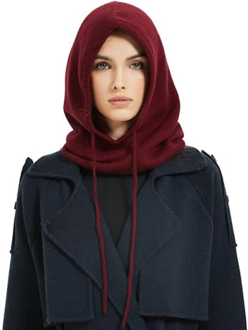 YUONNY Unisex Balaclava Kapuzen Mützen Schal, 10% Kaschmir & 90% Wolle, Winter Weich Strick Beanie Hut Schlauchschal 2-in-1, Damen Herren Outdoor Winddicht Warm Loop Schal mit Kapuze Neckwarmer Red F