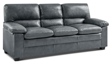 Bravich Oxford Faux Leather Sofa, 3 Seater Sofa, Three Seat Living Room Sofa, Large Settee, Easy Wipe Clean, Solid Wood Frame, Dark Grey