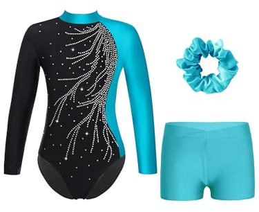 Alvivi Mädchen Turnanzug Glitzer Gymnastikanzug mit Kurze Hose Haarband Langarm Gymnastikbody Turntrikot Gymnastik Kleidung Tanzkostüm Blau 158-164