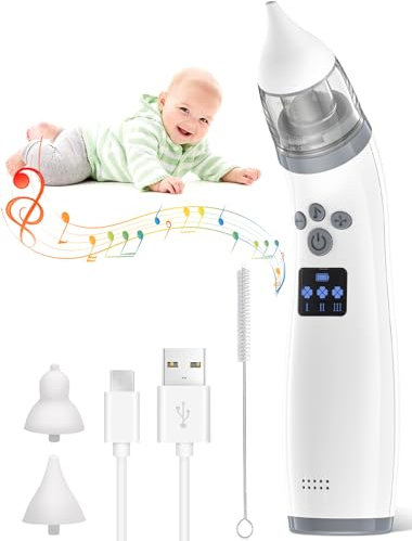 Mouche Bebe Electrique, Mouche Bebe Rechargeable avec 3 niveaux d'aspiration et 2 silicone doux, Aspirateur Nez Bebe avec de la musique pour les nouveau-nés et les tout-petits,Gris