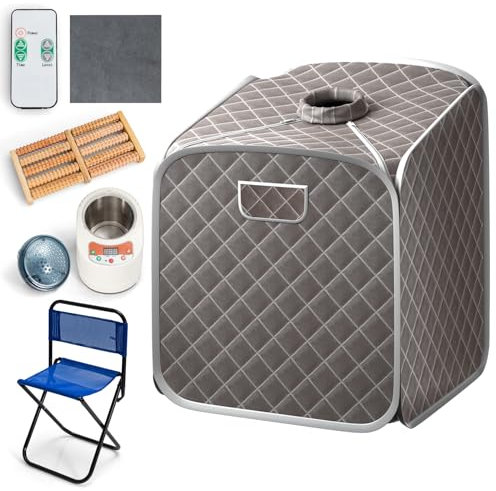 GYMAX Sauna Spa Portatile a Vapore, Sauna Pieghevole da 2L con Sedia, Massaggio ai Piedi, Rullo, Tappetino Assorbente, 9 Livelli di Temperatura Regolabili, 84 x 83 x 107 cm (Grigio)