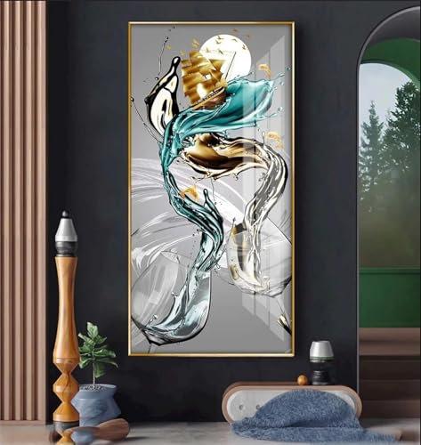 Dipinti d'arte astratti blu, quadri da parete con bicchiere di vino, quadri per soggiorno, opere d'arte moderne di grandi dimensioni, decorazioni per l'ingresso 40x80 cm (16x31 pollici) Senza cornice