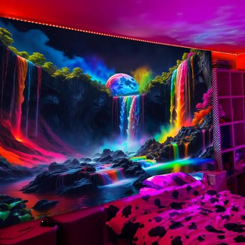 Simpkeely Schwarzlichter Fantasy-Wasserfall-Planet Wandteppich, UV-reaktiver Naturteppich, Neon-Landschaft, Berg-Wellen-Wandbehang – 180 x 300 cm