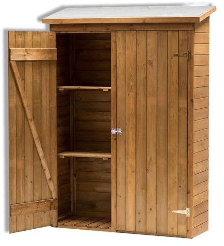 Armoire de jardin en bois pour outils avec toit isolé saillant, 131 x 48 x h170/180 cm, double porte avec 2 étagères, en épicéa imprégné