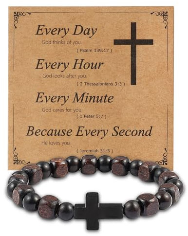 JJDreams Armband Perlen Herren Frauen Kreuz Braunes Natürliche Holzperlen Armband Elastisches Armband Christliche Geschenke