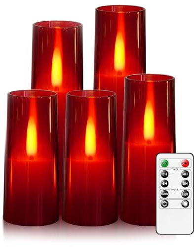 JINYANIA Flammenlose LED Kerzen, Upgraded Realistische Flimmernde Flamme Stumpenkerzen, Batteriebetriebene Kerzen mit Remote Timer, Acryl elektrische Kerzen Set von 5 (Rot)