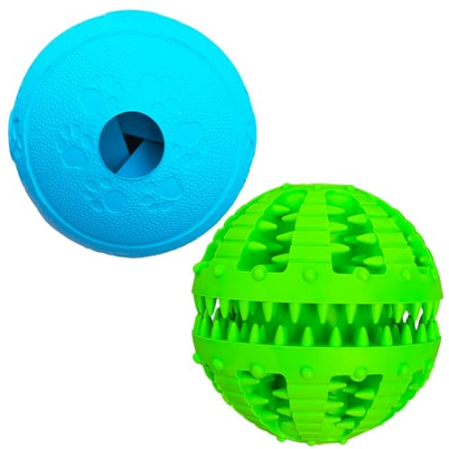 2 Pcs Dog Toy Teeth Ball,Dog Puzzle Toy,Treat Dispensing Dog Toys,Non Toxic Tear Resistant Natural Rubber Toy Ball for Pet Teeth Cleaning/Chewing/Playing/Training (Green+Blue, 8cm)